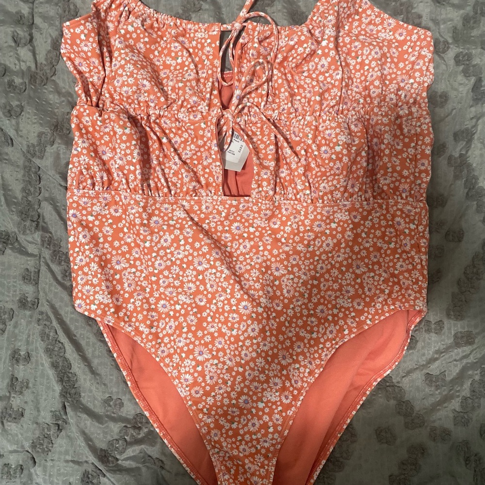 Orange and white flower printed bathing suit